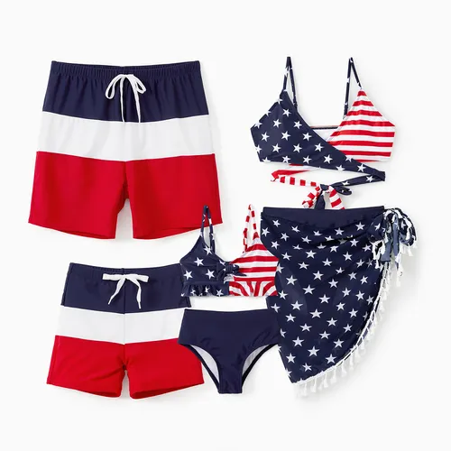 Unabhängigkeitstag Familie Passende Badeanzüge Amerikanische Flagge Kordelzug Badehose oder Bikini mit optionalem Sarong-Cover-Up-Rock