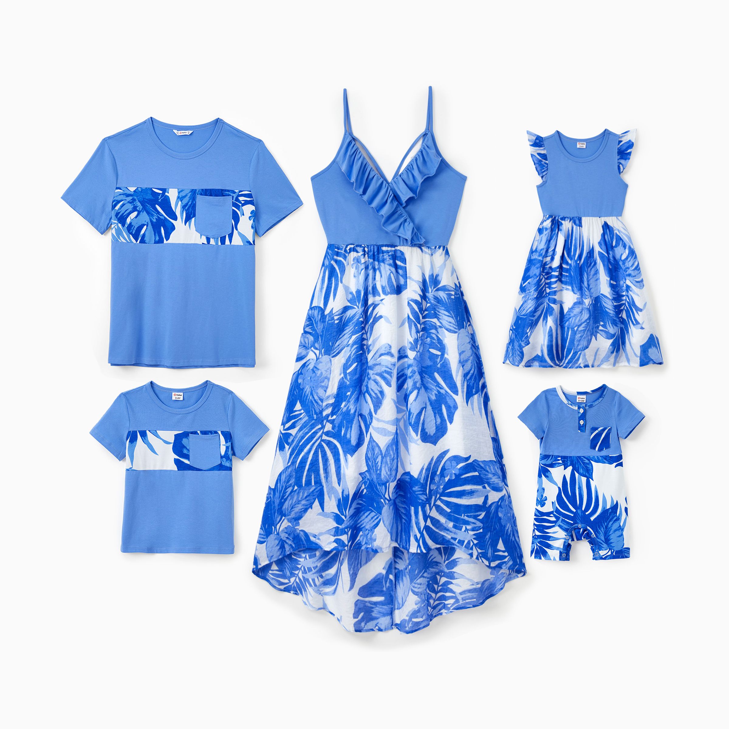 家庭配套套裝藍色熱帶花卉拼接 T 恤或荷葉邊領交叉背高低系帶連衣裙