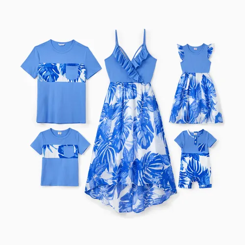 Ensembles assortis familiaux Bleu Tropical Floral Panel Tee ou Robe à volants Dos croisé à bretelles hautes-basses 