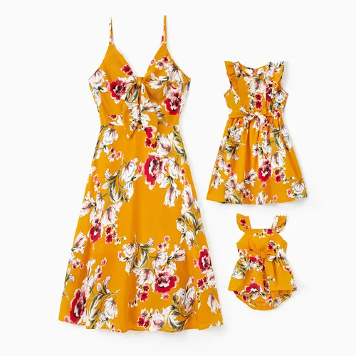 Mommy and Me Yellow Floral Tie Front Shirred Back Strap Dresses