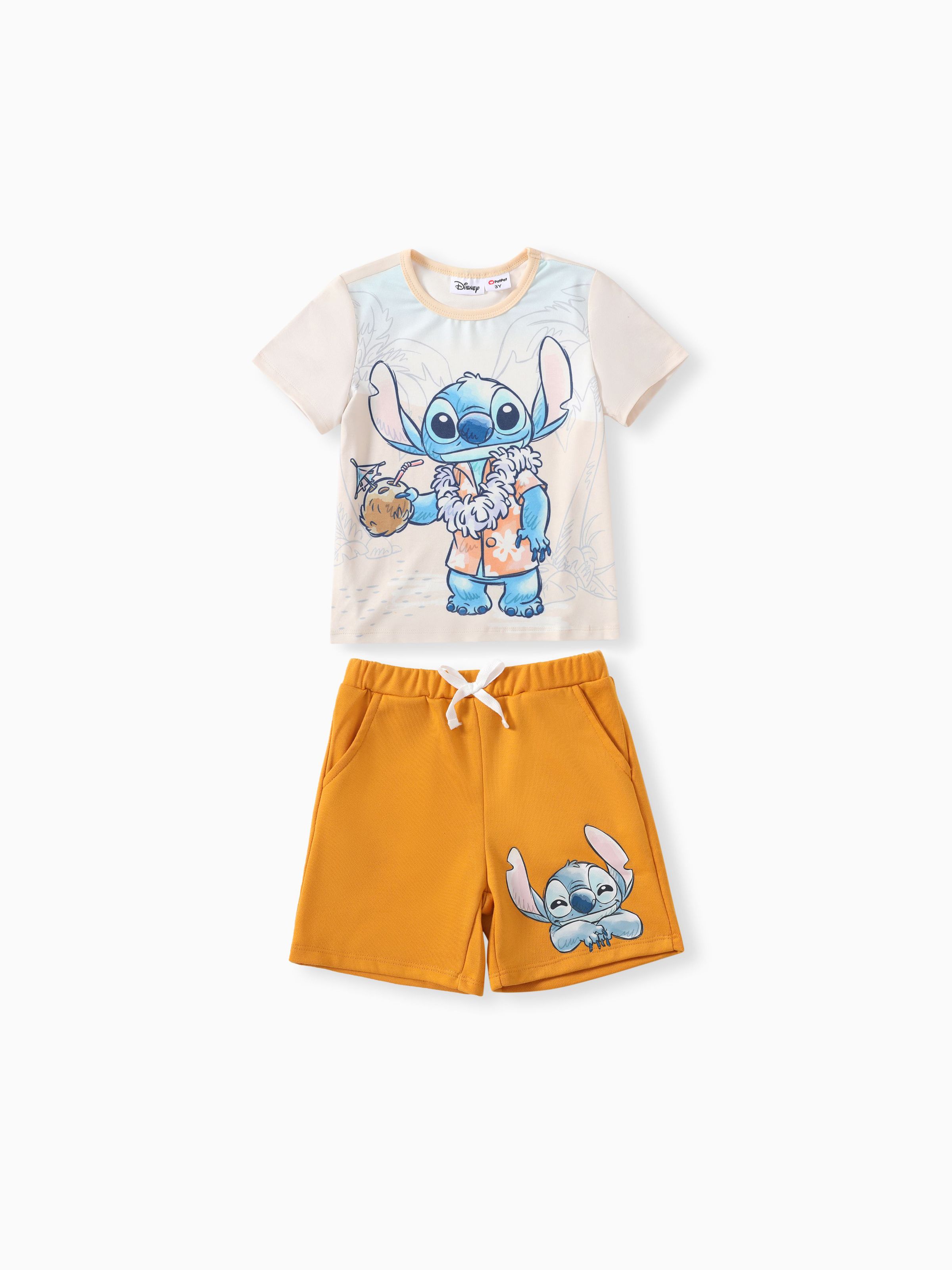 Disney Stitch Toddler Boys 2pcs Naia™ Character 熱帶印花 T 恤搭配短褲套裝