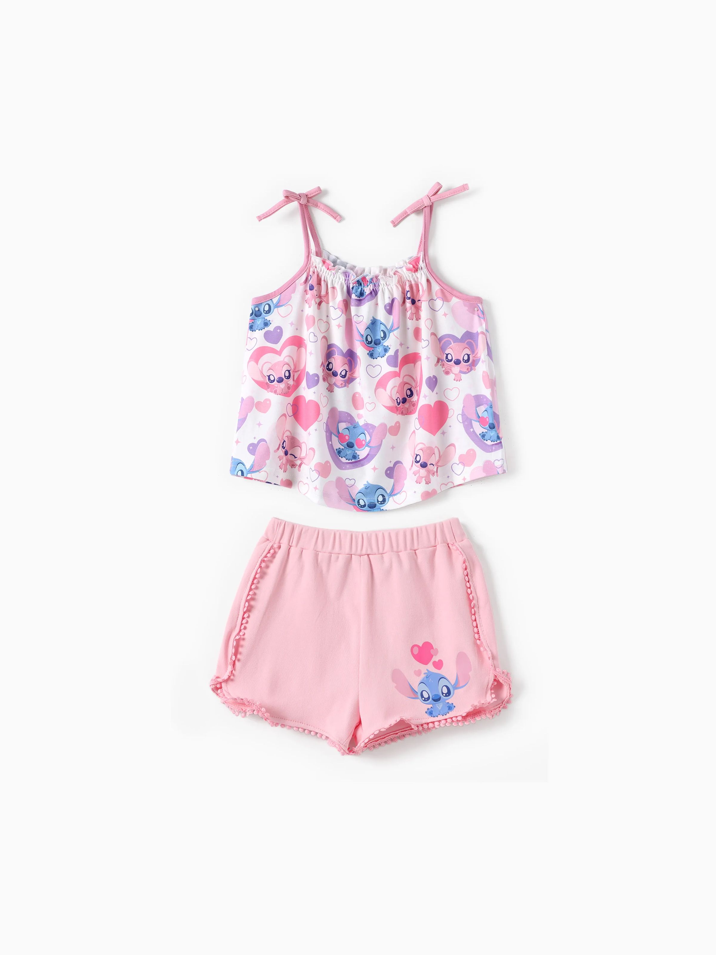 Disney Stitch Toddler Girls 2pcs Naia™ Lovely Stitch Heart/Palm Leaf 印花肩帶帶蝴蝶結上衣和短褲套裝