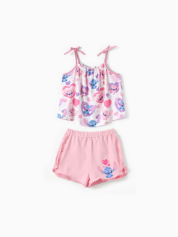 Disney Stitch Toddler Girls 2pcs Naia™ adorável Stitch Heart/Palm Leaf Print Shoulder Straps com Bows Top com Shorts Set