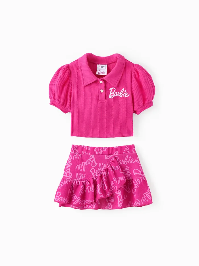 Barbie 2pcs Toddler/Kids Girls Alphabet Print Puff Sleeves Top with Allover Logo Print Skirt Set

 