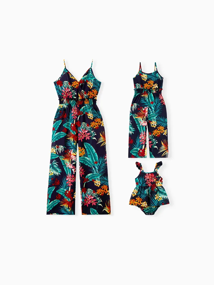 Mommy and Me Matching Tropical Floral Pattern Shirred Waist Long Pants Jumpsuits with Pockets