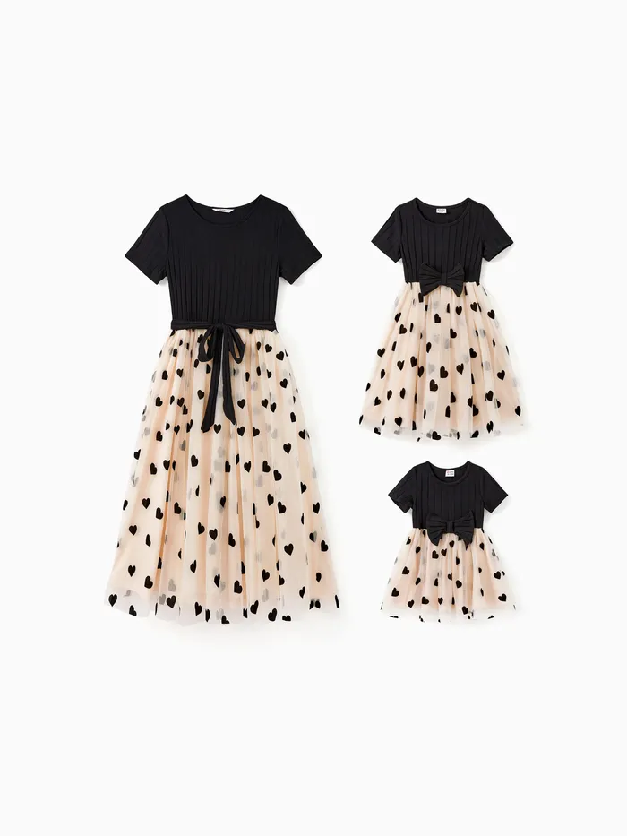 Mommy and Me Black Top Spliced Heart Pattern Mesh Dresses