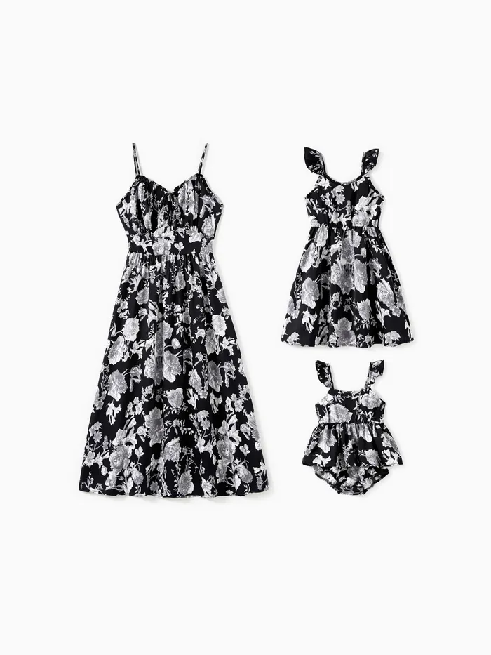 Mommy and Me Black Floral Tie Neck Ruched Bust Sateen Slip Dress 