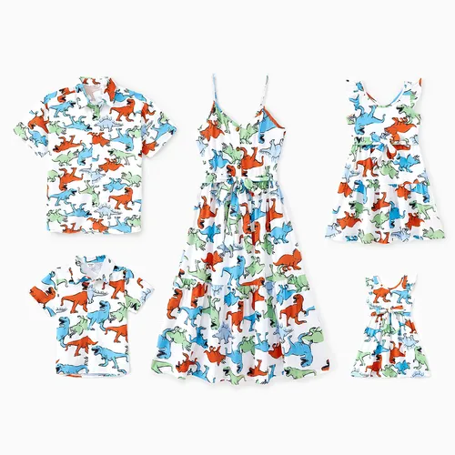 Family Matching Sets Colorful Dinosaur Pattern Shirt or Button Decor Elastic Waist Ruffle Hem Dress