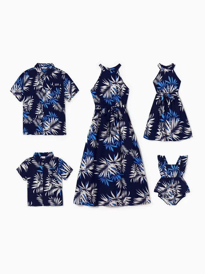 Family Matching Leaf Print Beach Shirt and High Neck Halter A-Line Maxi Dress Sets
