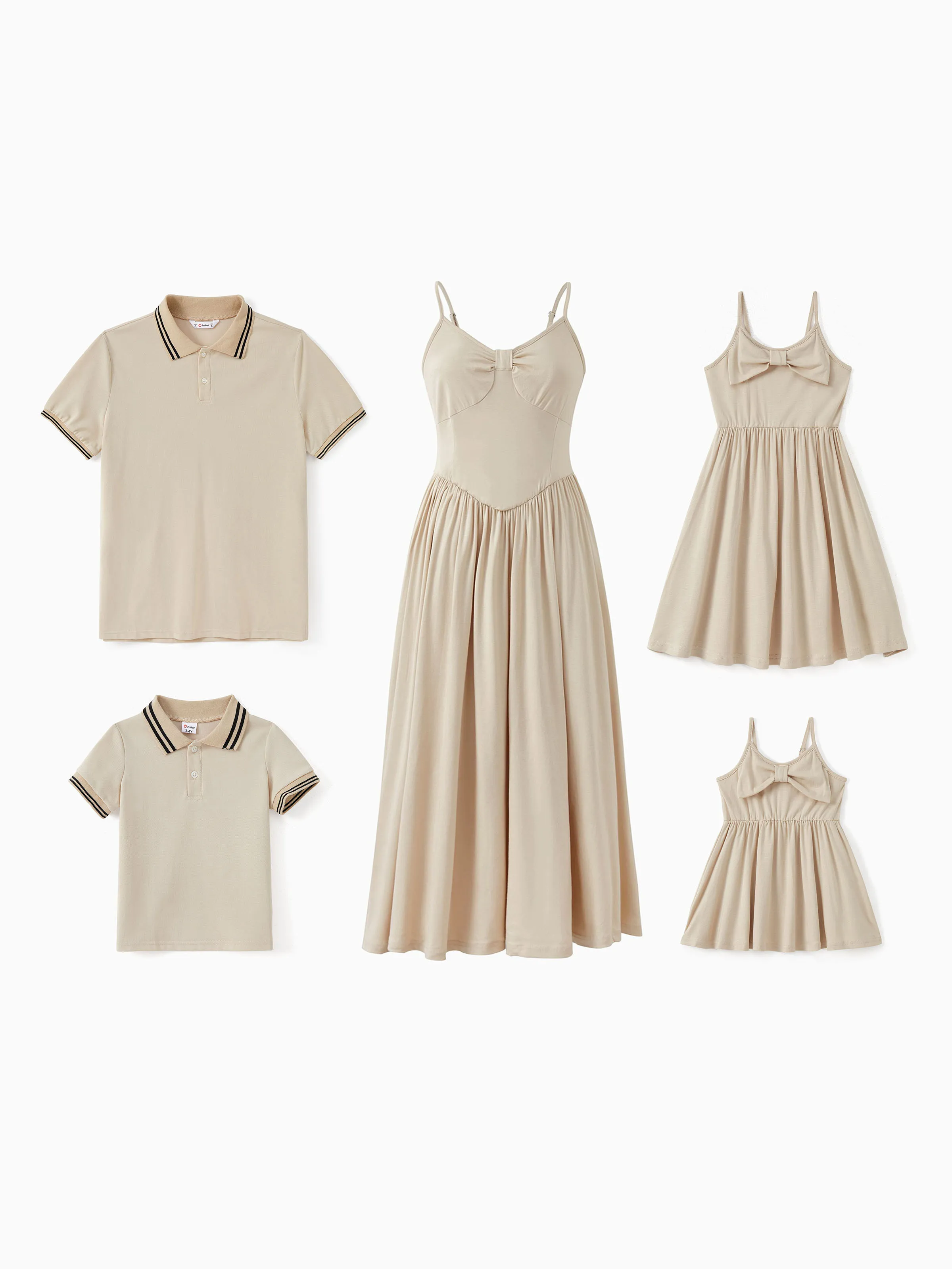 

Family Matching Light Apricot Polo Shirt or Bow Design Flowy A-Line Strap Dress Sets