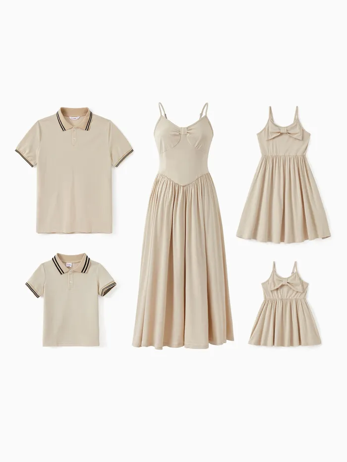 Famiglia Matching Light Apricot Polo Shirt o Bow Design Flowy A-Line Strap Dress Sets