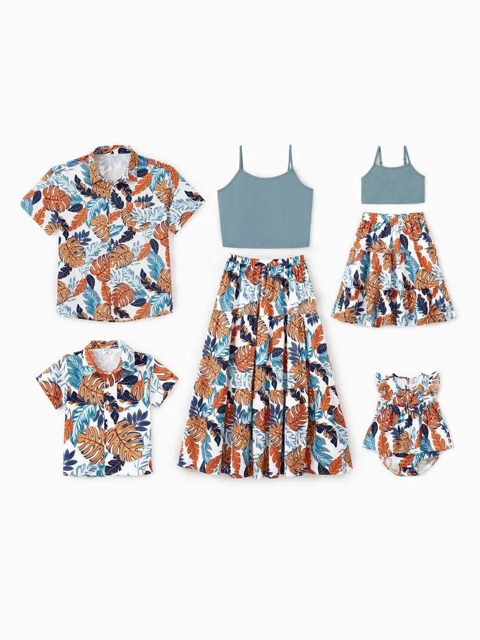 Conjuntos familiares a juego Camisas de playa florales o camisa Top Cintura elástica Falda de línea A Conjuntos coordinados