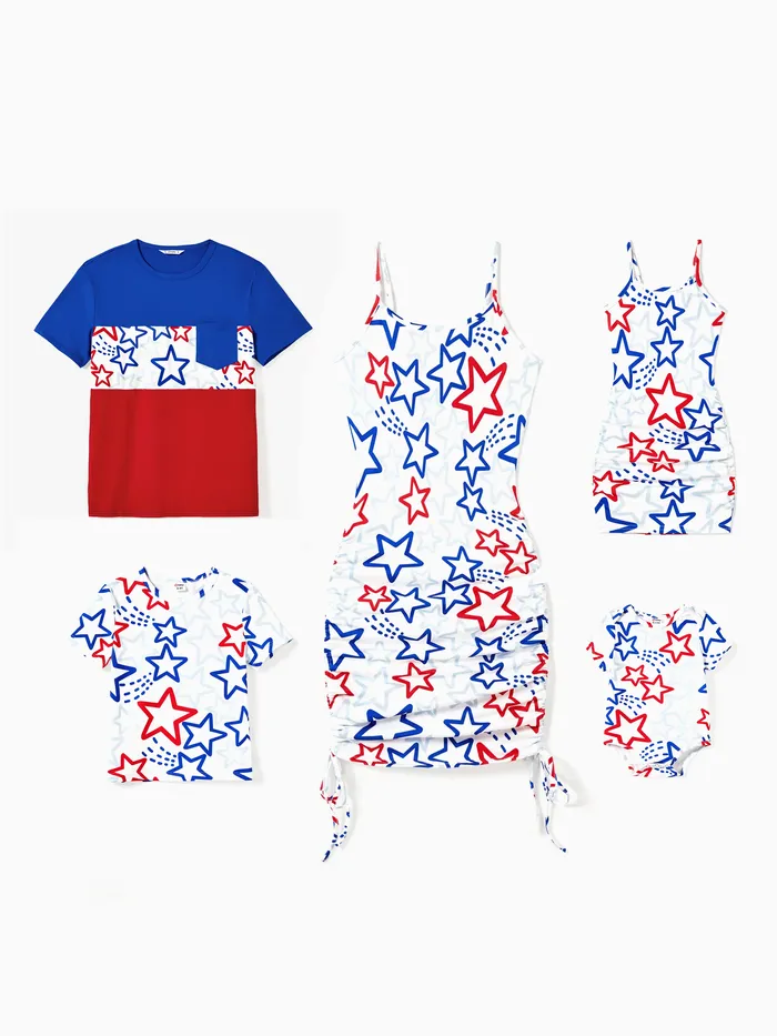 Camiseta de bloques de color a juego familiar y estampado de estrellas Cordón laterales Conjuntos de vestido con tirantes ajustados al cuerpo