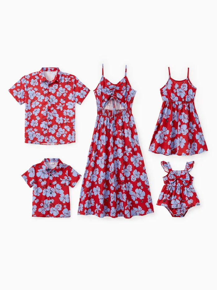 Family Matching Sets Floral Pattern Beach Shirt or Drawstring Front Shirred Waist Strap Dress