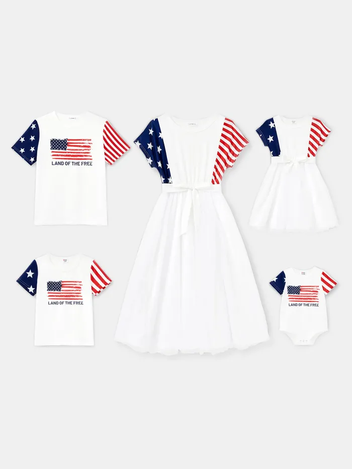 獨立日家庭配套美國國旗 T 恤和短袖系腰帶薄紗連衣裙套裝
