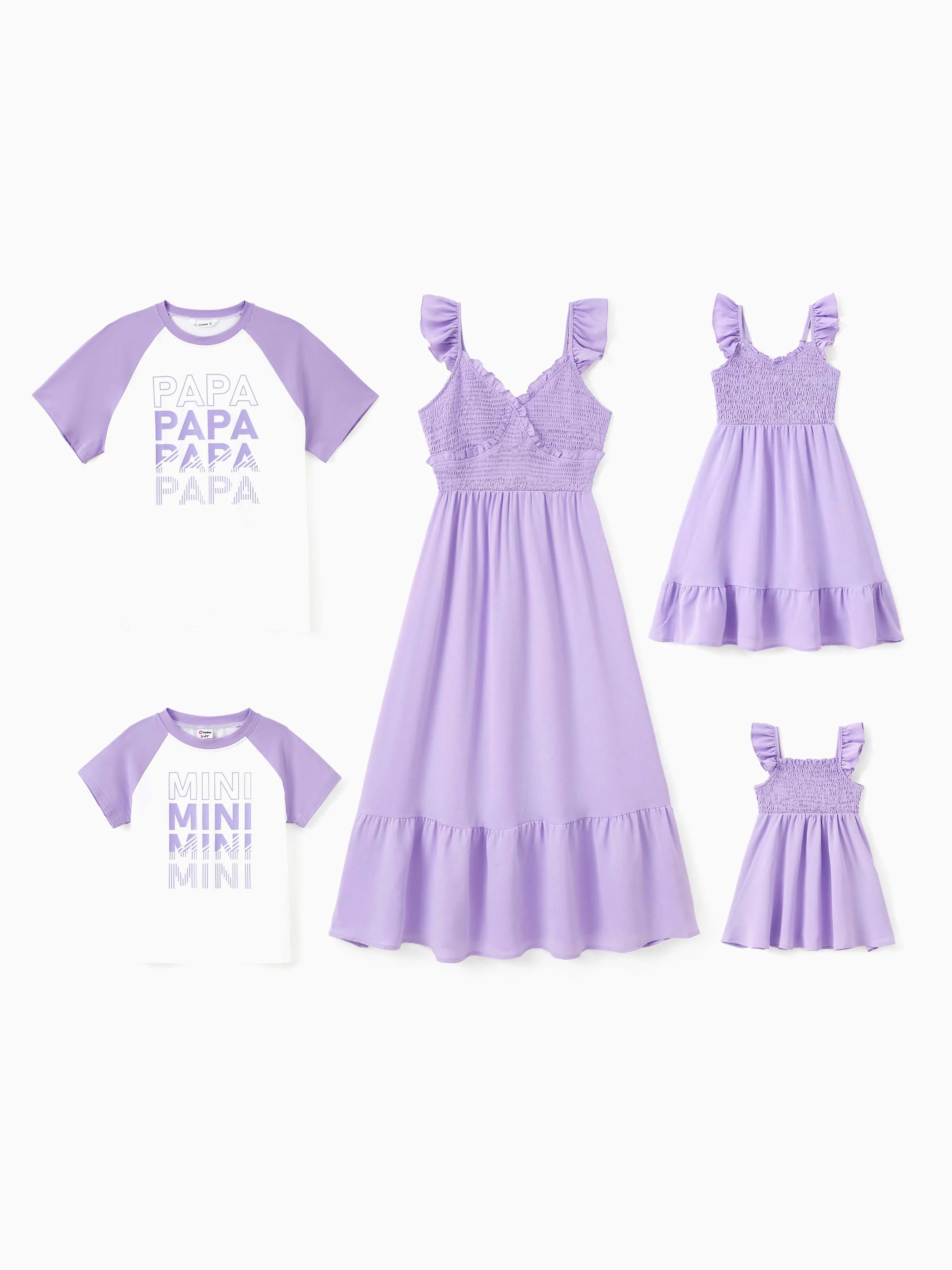 

Family Matching Sets Purple Raglan Sleeves Tee or Shirred Top Ruffle Hem Strap Dress