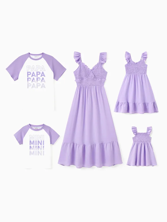 Family Matching Sets Purple Raglan Sleeves Tee or Shirred Top Ruffle Hem Strap Dress