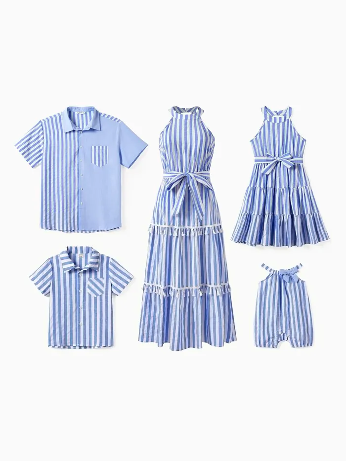 Family Matching Stripe Shirt and High Neck Halter Tiered Tassel Trim Dress Sets