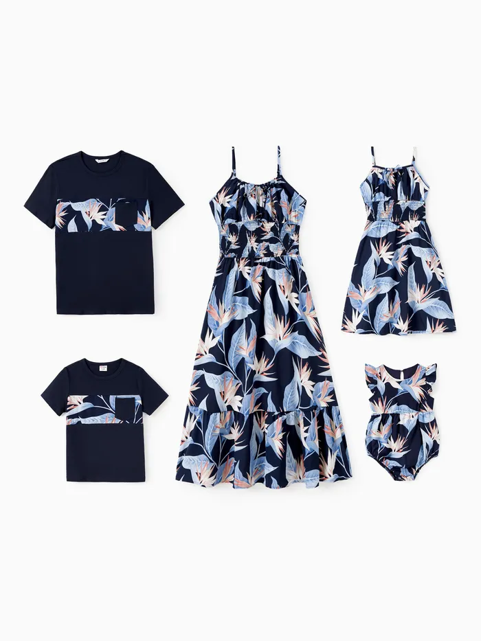 Family Matching Floral Panel Tee or Ruched Bust Shirred Waist Floral Ruffled Strap Dress Sets