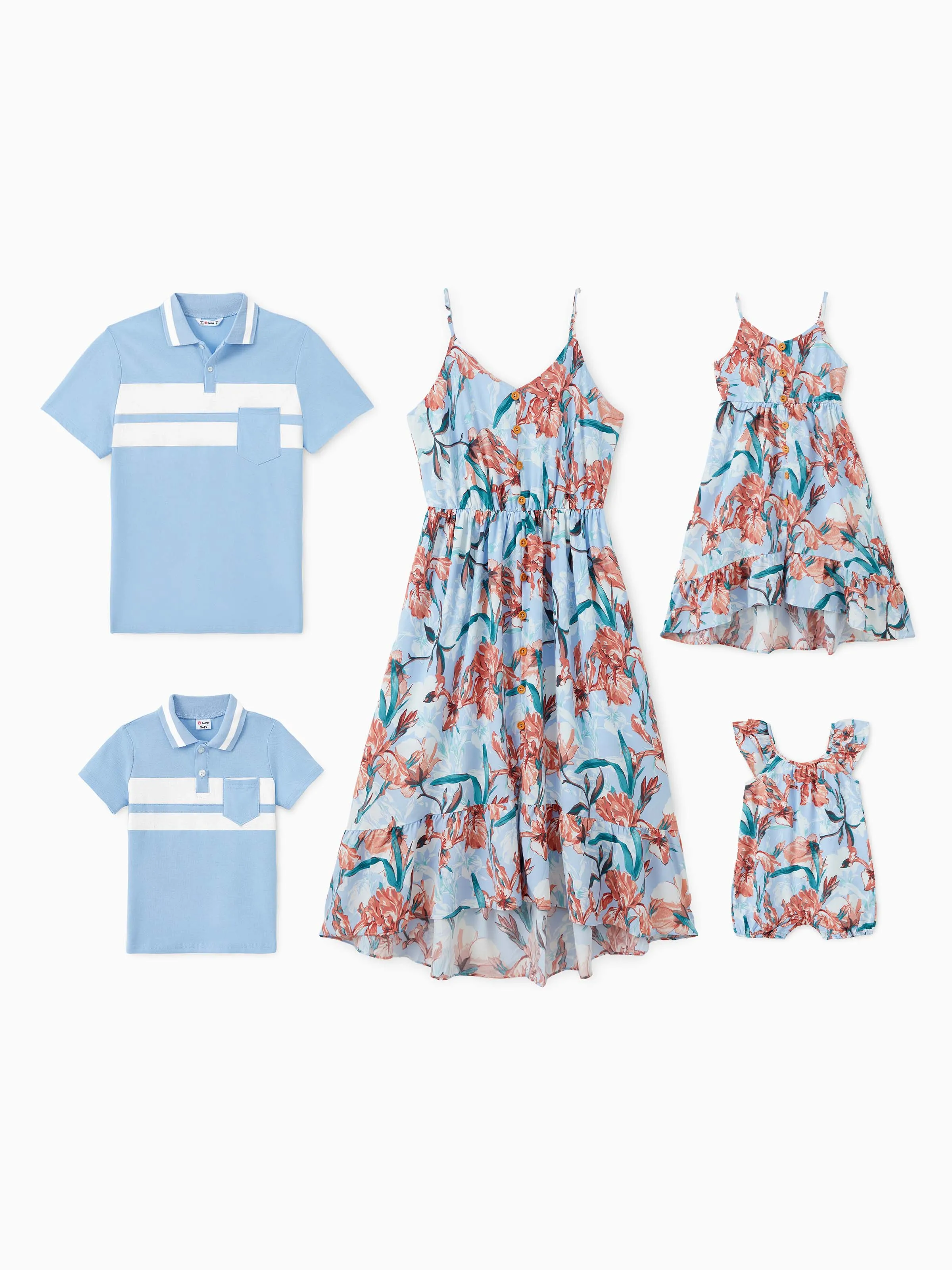 

Family Matching Color Block Polo Shirt or Button Up Elastic Waist Vibrant Floral Strap Dress