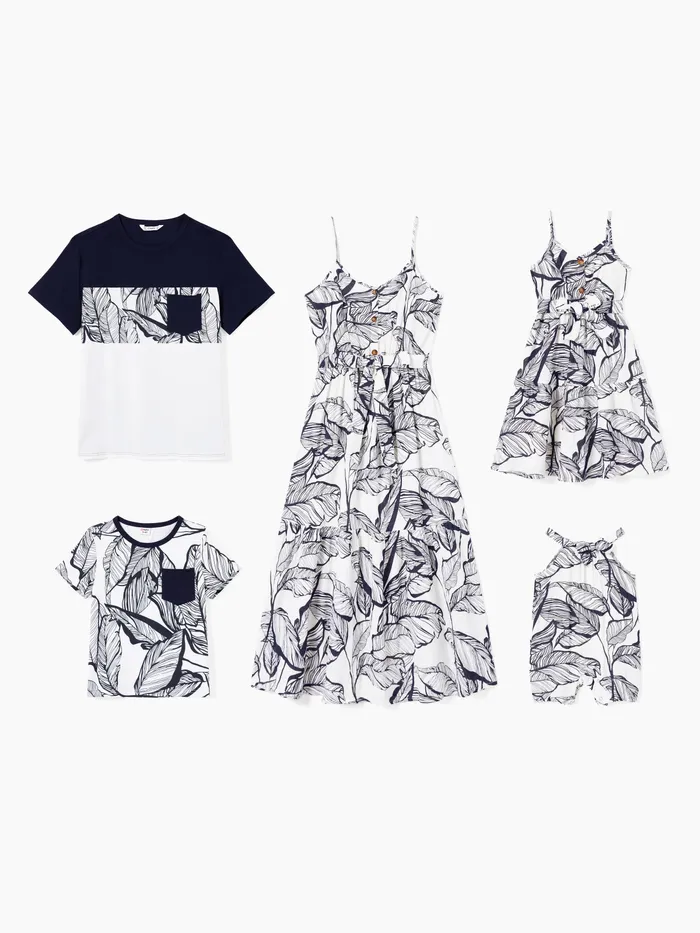 Family Matching Color Block Tee and Tropical Leaf Pattern Button Front Strap 100% Cotton Midi Dress Sets