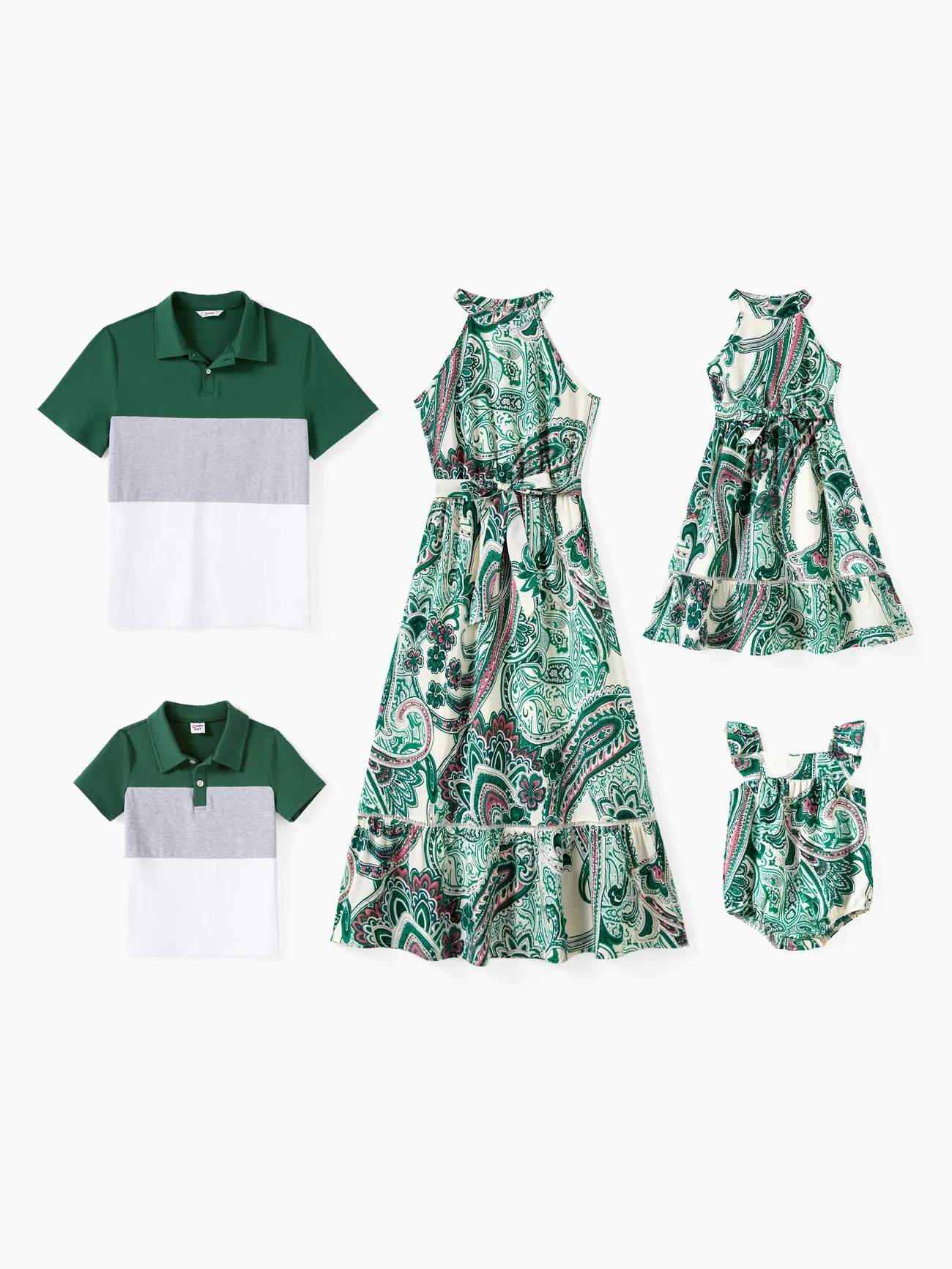 Family Matching Sets Color Block Polo Shirt or High Neck Halter Ruffle Hem Boho Dress - Green - image 1