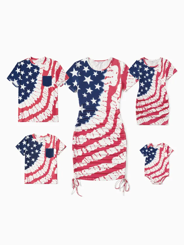 conjuntos de camisetas y vestidos ceñidos al cuerpo fruncidos con cordón de manga corta a juego con la familia del día de la independencia