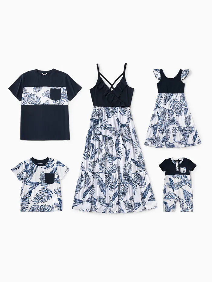 Familien Outfits Freizeit Blume dunkelblau Badeanzugkragen Ärmellos Normale Schulter Matching Sets