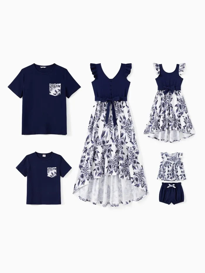 Conjuntos familiares a juego Camiseta de bloques de color o botón falso Top azul marino empalmado floral Vestido con dobladillo con volantes altos y bajos