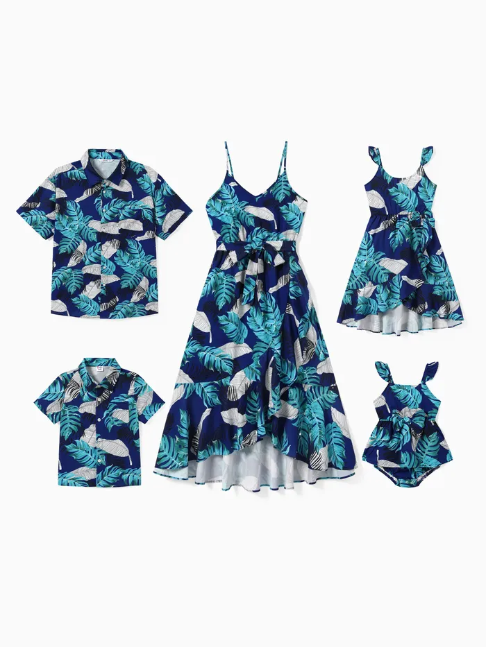 Family Matching Feather and Leaf Pattern Wrap Strap Dress and Beach Shirt Sets