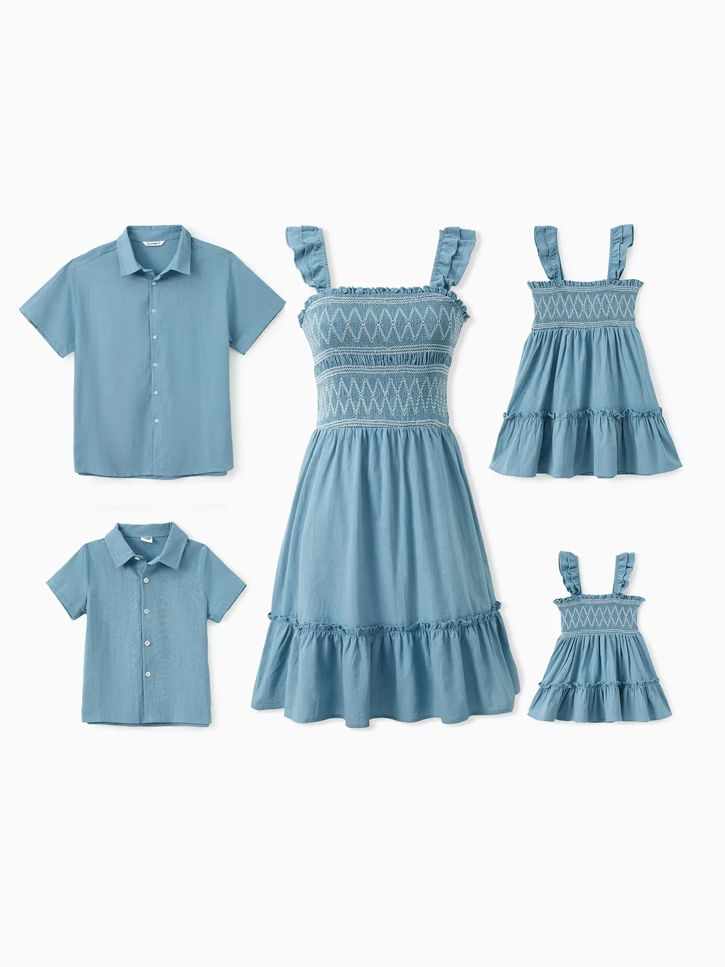 

Family Matching Sets Solid Color Shirt or Shirred Top Geometric Design Ruffle Hem Strap Dress