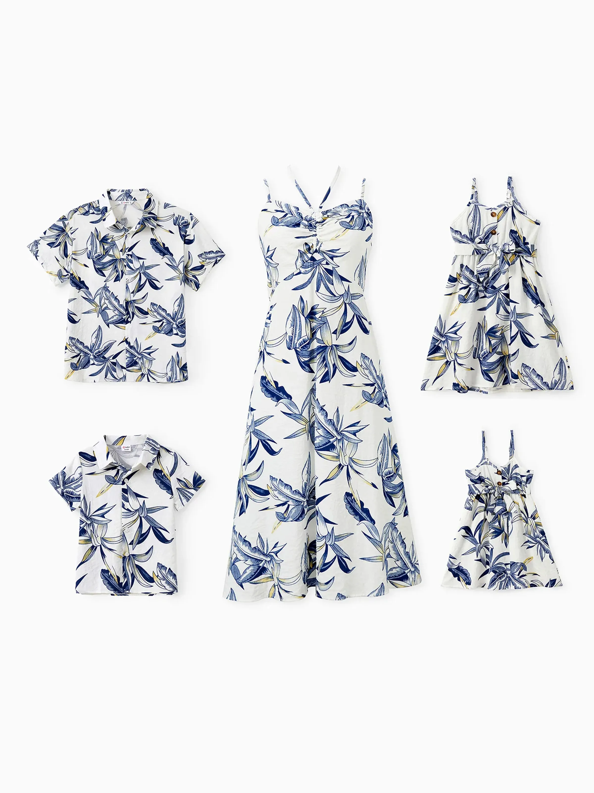 

Family Matching Sets Plant Floral Shirt or Drawstring Front Halter Strap A-Line Dress