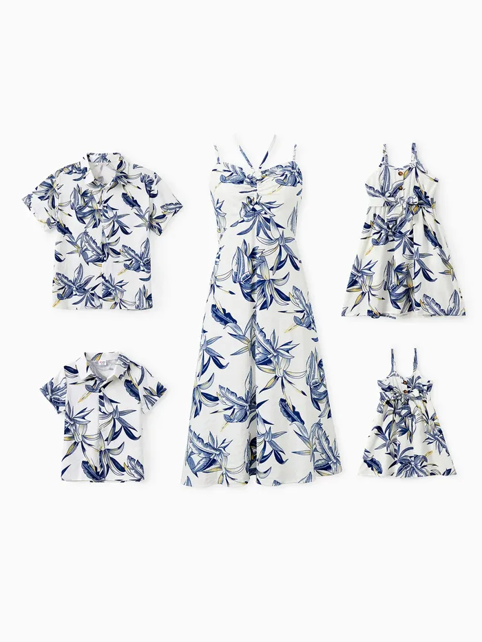家庭配套套裝：植物花卉襯衫或抽繩前掛脖肩帶 A 字連衣裙