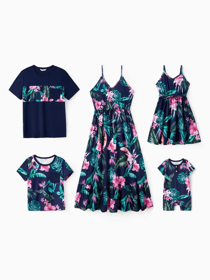 Family Matching Floral Panel Tee and Flower Pattern Ruffle Hem Strap Dress Sets