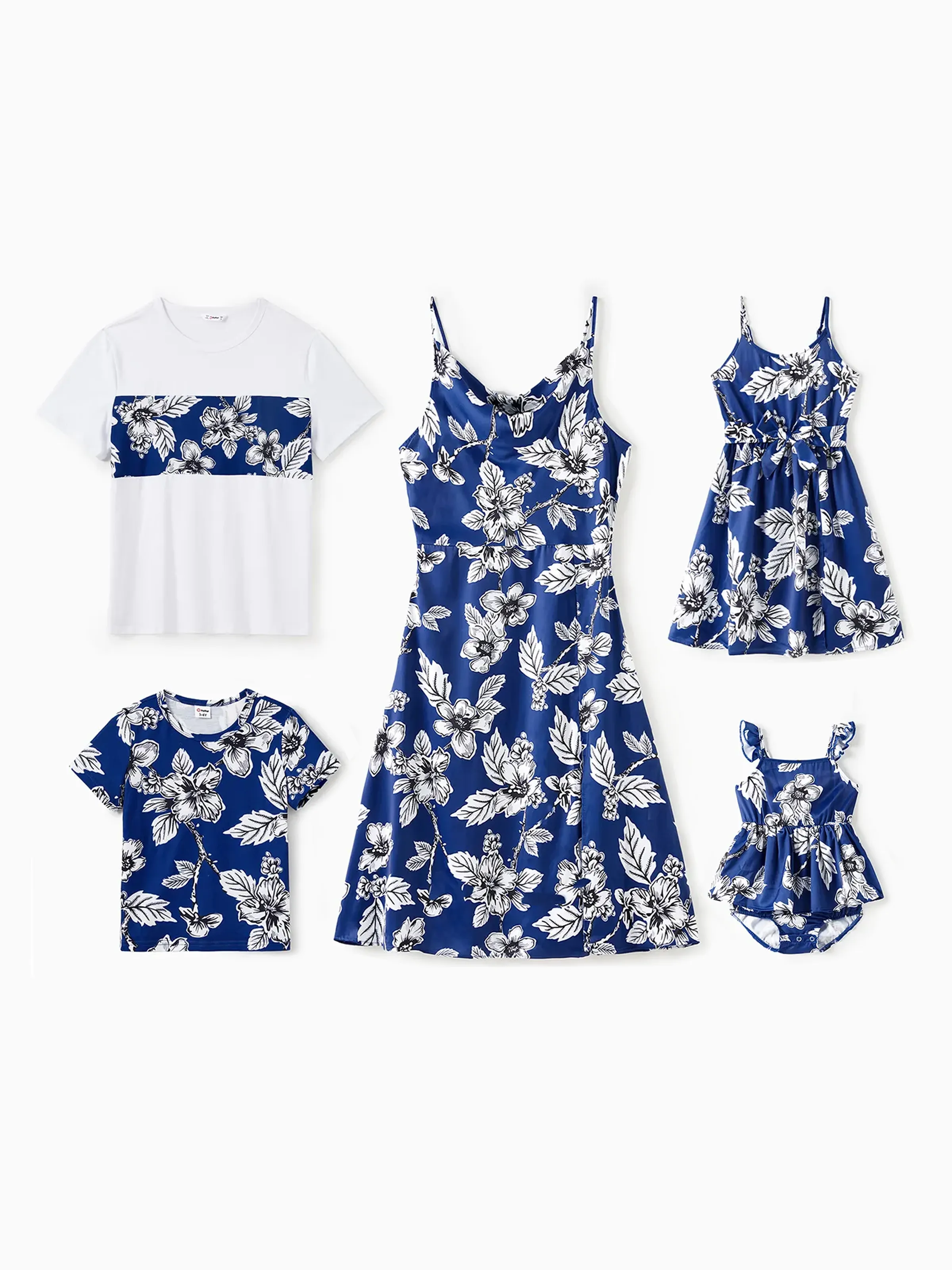 

Family Matching Sets Floral Panel Color Block Tee or Blue Tropical Floral Satin Swing Collar Slip Dress