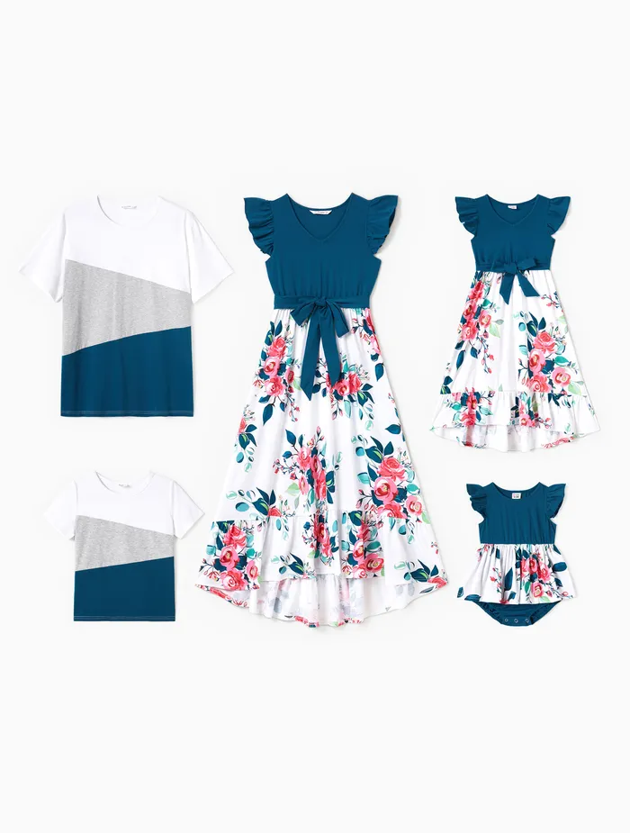 Conjuntos de camisetas estampadas florais com decote em V liso combinando com a família e conjuntos de camisetas colorblock de manga curta
