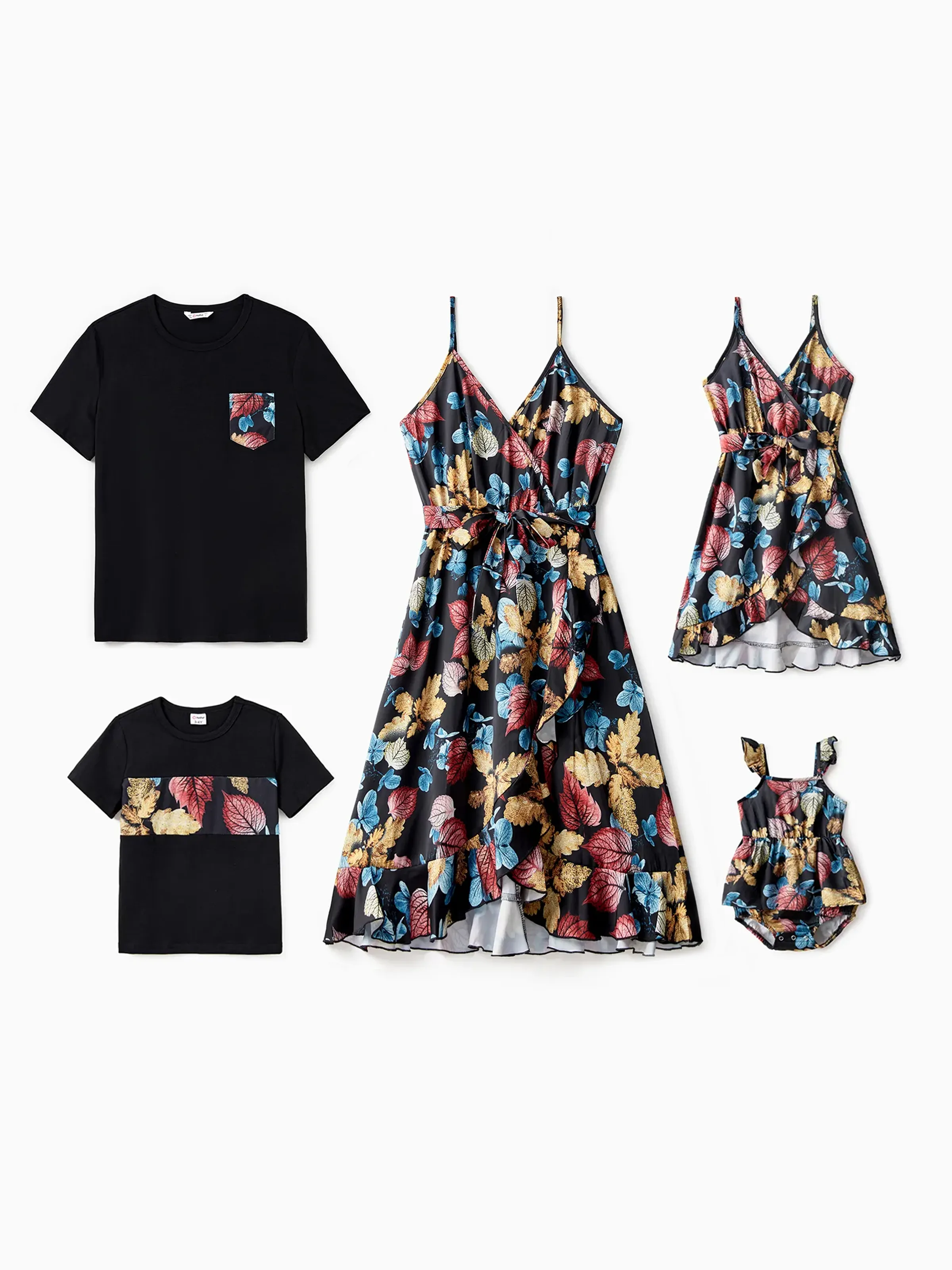 

Family Matching Sets Black Tee or Colorful Leaf Pattern Floral Wrap Bottom Ruffle Hem High-Low Dress with Hidden Snap