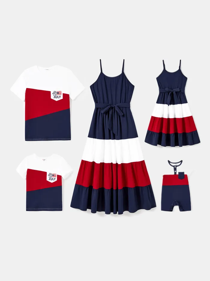 Family Matching Color Block Tee and Strap Belted A-Line Pleated Ruffle Hem Dress Sets