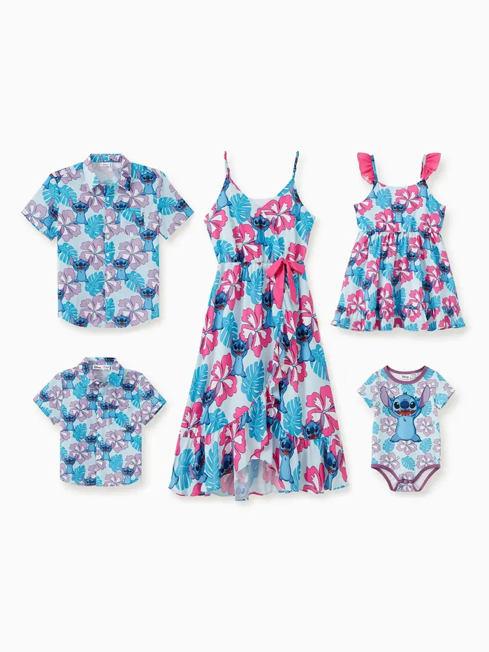 Disney Stitch Family Matching Naia™ Stitch und Hawaii Stil Blumendruck ärmelloses Kleid / Strampler / Shirt