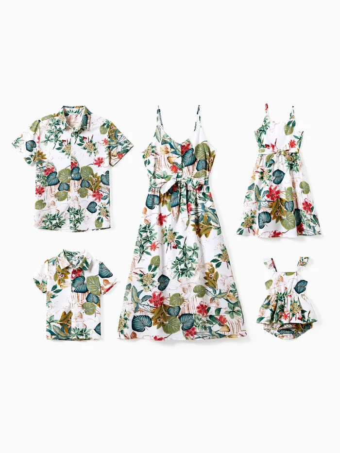 Conjuntos familiares de camisa de playa a juego y vestido floral con botones en la parte delantera