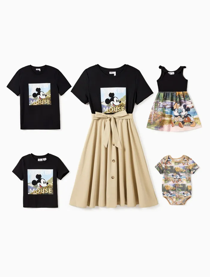Disney Mickey and Friends Family Matching Naia™ Character Print Bowknot Cotton T-shirt/Dress/Short-sleeve Romper