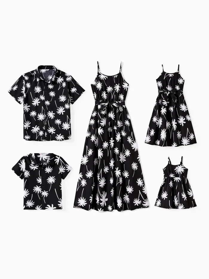 Family Matching Sets Black Coconut Tree Pattern Beach Shirt and Belted Strap Midi Dress 