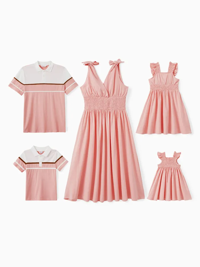 Family Matching Sets Color Block Polo Shirt or Pink Shoulder Tie Shirred Waist A-Line Dress