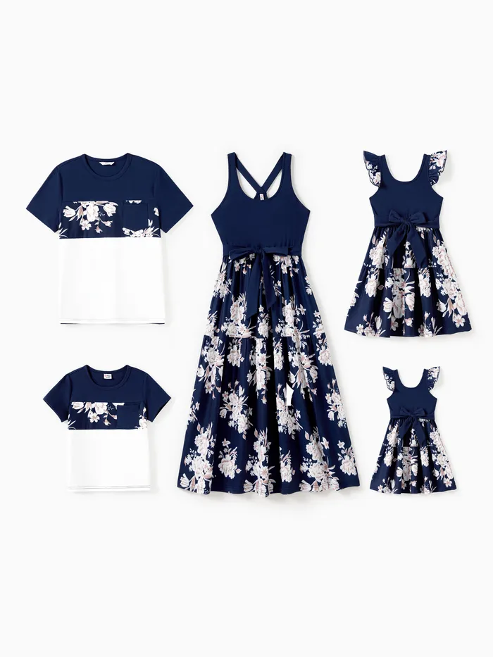 Family Matching Sets Color Block Floral Panel Tee or Tank Top Floral Print Bottom Dress