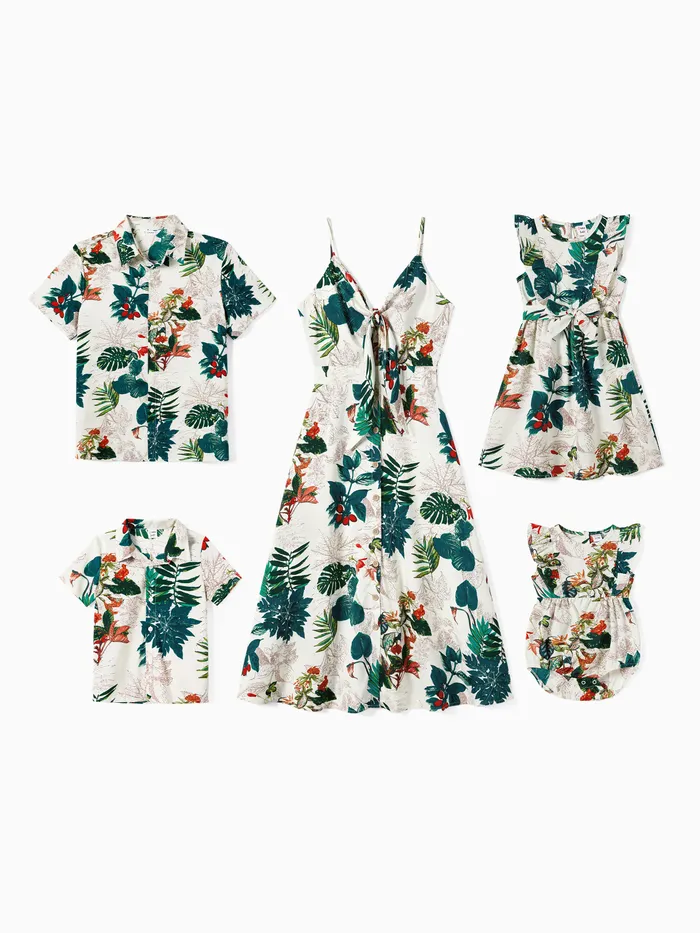 Família Combinando Allover Planta Floral Vestidos Estampa e Camisas de manga curta Conjuntos