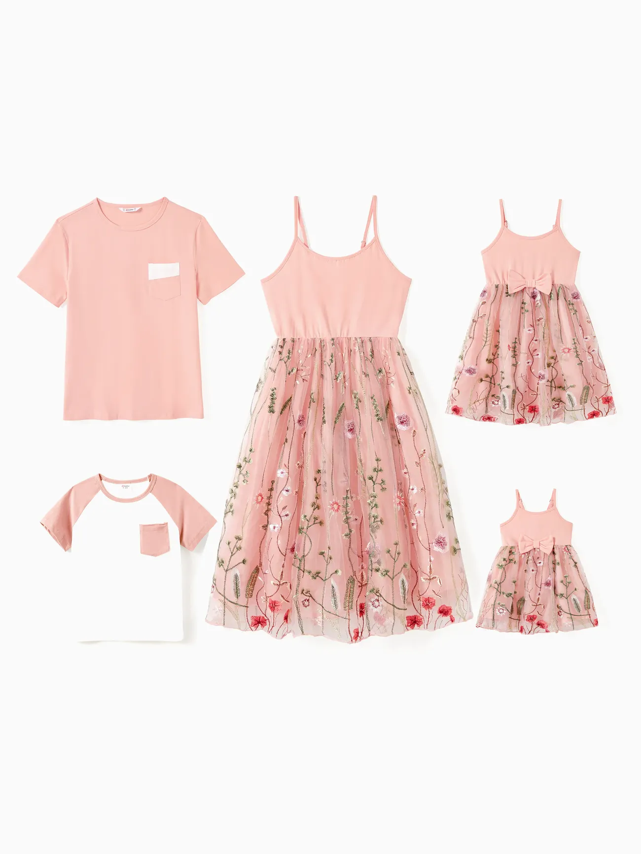 Family Matching Solid Color/ Raglan Sleeves Tee and Pink Cami Embroidered Tulle Strap Dress Sets