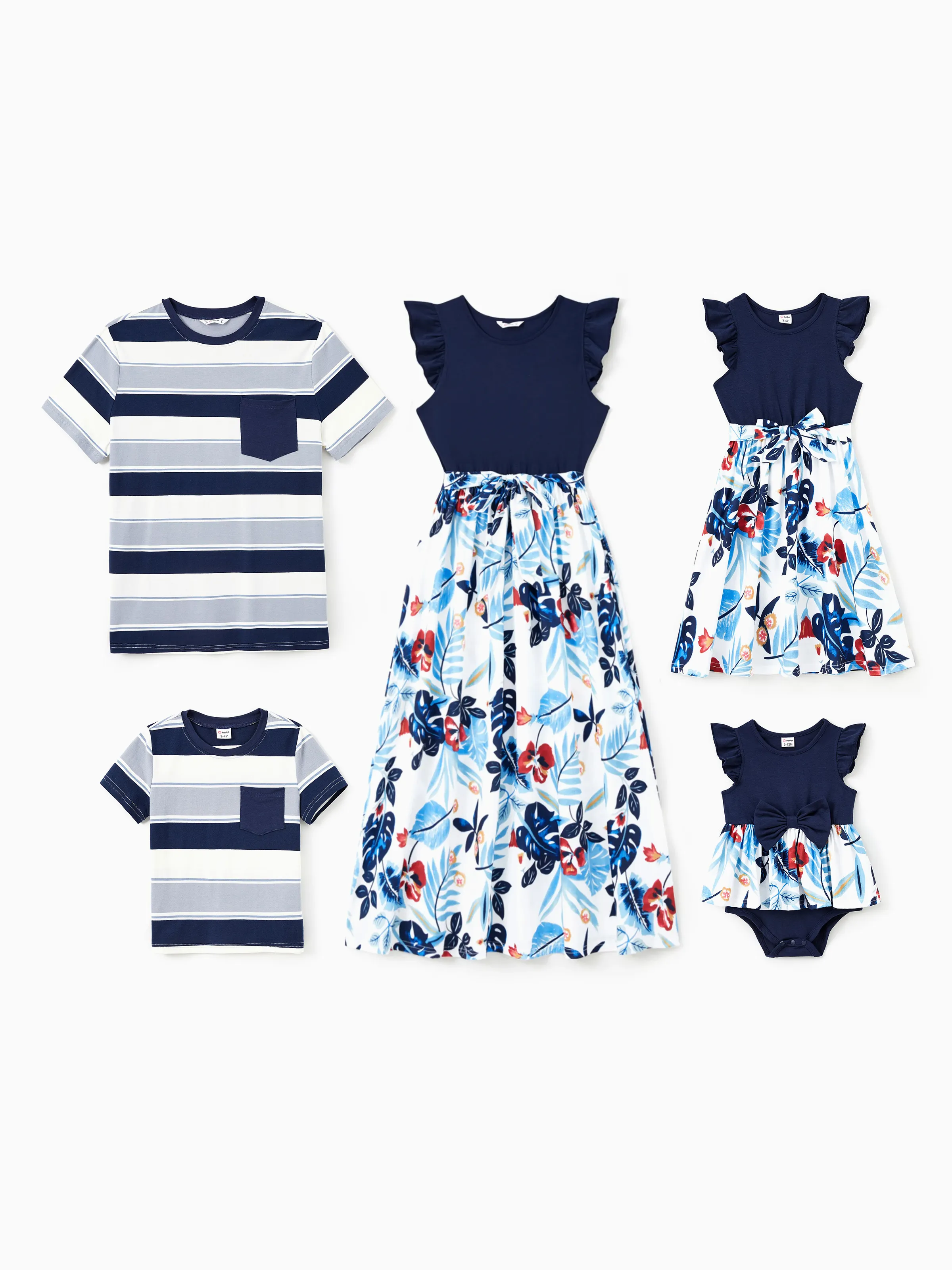 

Family Matching Sets Cotton Stripe Short Sleeves Tee or Flutter Sleeves Spliced Floral Pattern Belted Dress