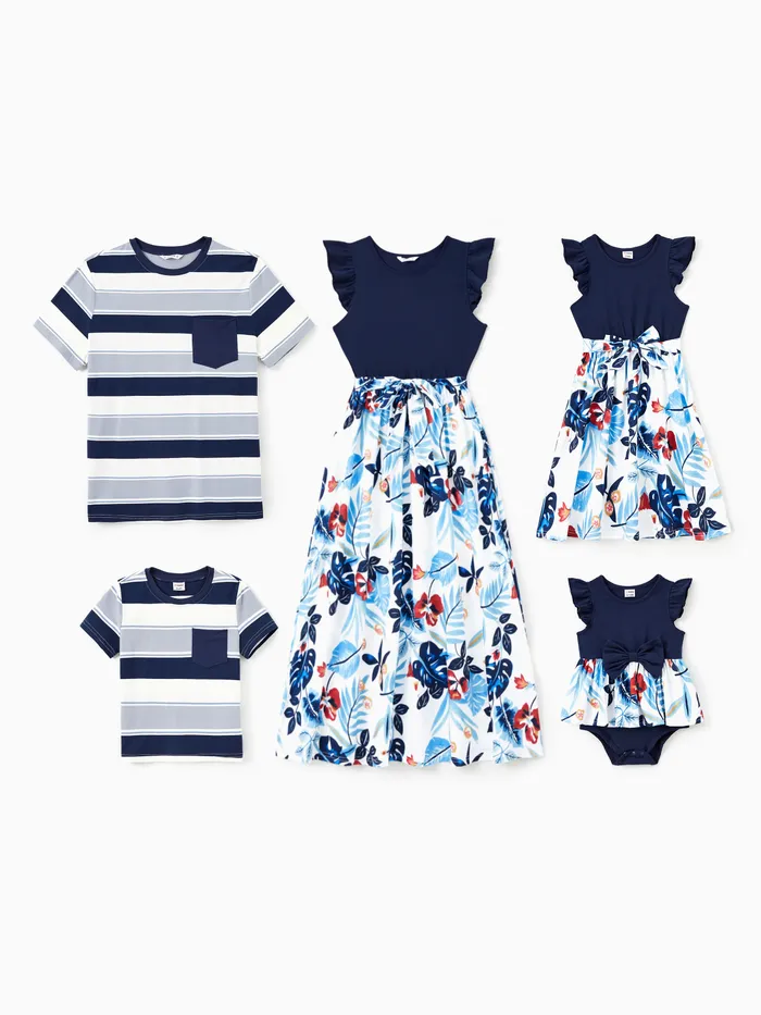 Family Matching Sets Cotton Stripe Short Sleeves Tee or Flutter Sleeves Spliced Floral Pattern Belted Dress