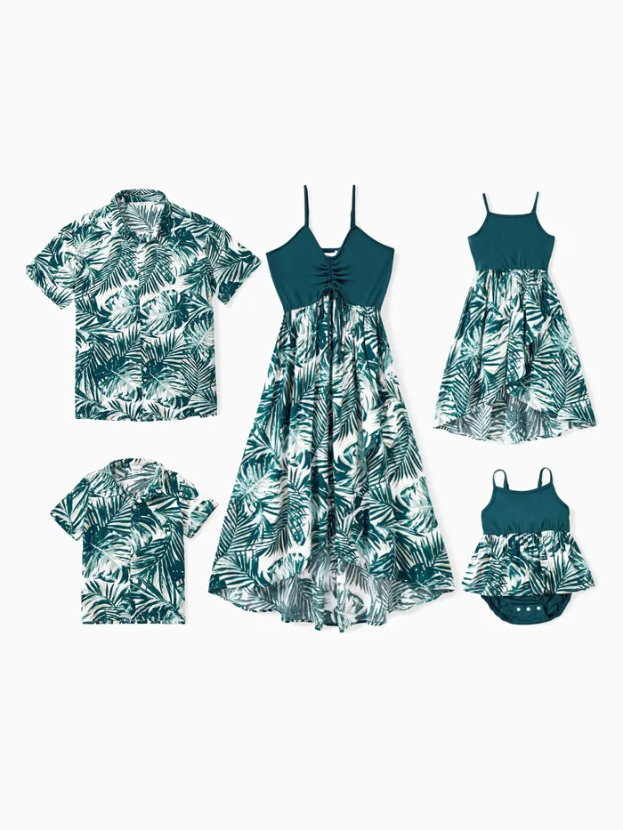 Family Matching Sets Leaf Pattern Beach Shirt or Drawstring Front Spliced Floral High-Low Dress