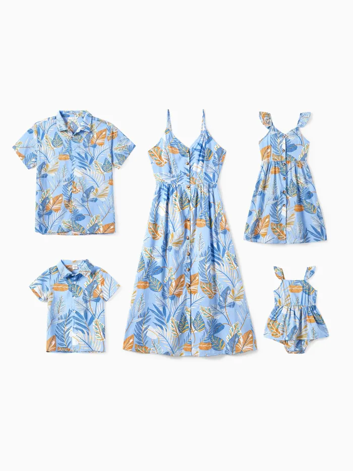 家庭配套熱帶花卉沙灘襯衫和葉子圖案紐扣系帶連衣裙套裝